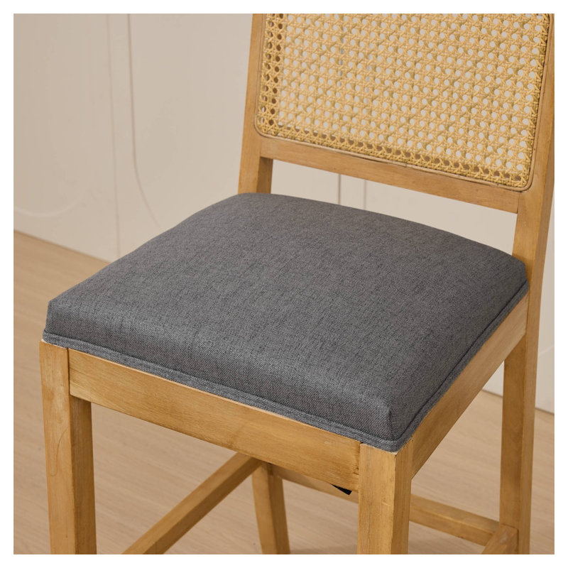 Ensemble de 2 tabourets de bar en bois massif à dossier en rotin avec coussin en lin gris, siège de style nautique à hauteur de comptoir