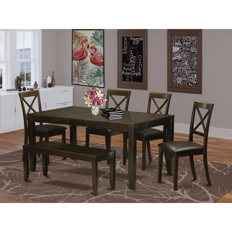 L'ensemble de salle à manger 6 pièces contient une table de salle à manger rectangulaire avec feuille papillon et 4 chaises de salle à manger en similicuir avec banc, cappuccino