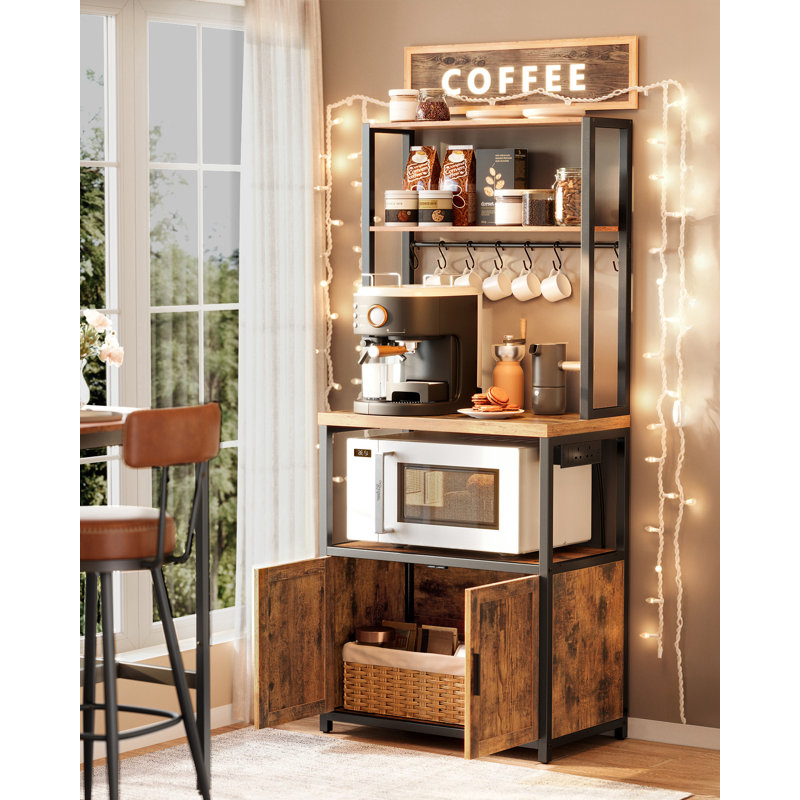 Kitchen Bakers Rack With Power Outlet, Coffee Bar Cabinet With 90 Cm High Worktop, Microwave Stand With 8 Hooks, 40 X 60 X 170 Cm, Rustic Brown And Ink Black