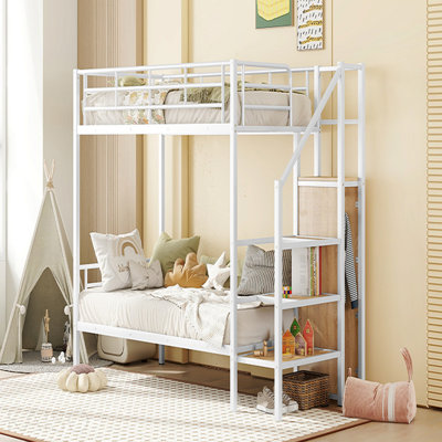 Lit superposé simple en métal avec échelle de rangement latérale et garde-robe, blanc