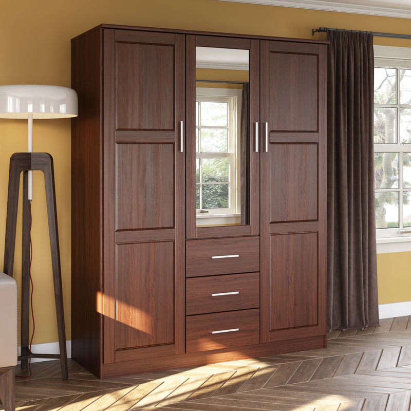  Armoire-penderie à 100% en bois massif avec miroir, tiroirs et tablettes réglables Aveah, Moka