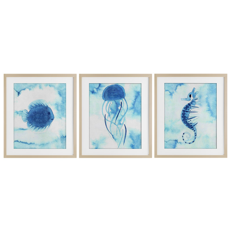 Ensemble de 3 reproductions sous-marines de créatures marines expressives abstraites, design par Camila Juncos
