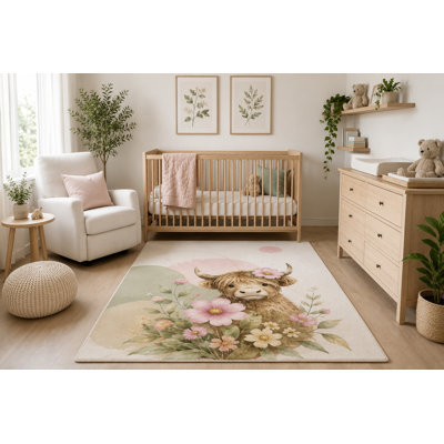 "Ultra Lightweight" 5'x7' Highland Cow Floral Area Rug, Cute Boho Farm Animal with Pink Wildflowers Nursery Kids Bedroom Decor, Non-Slip Silicone Backing Low Pile Carpet