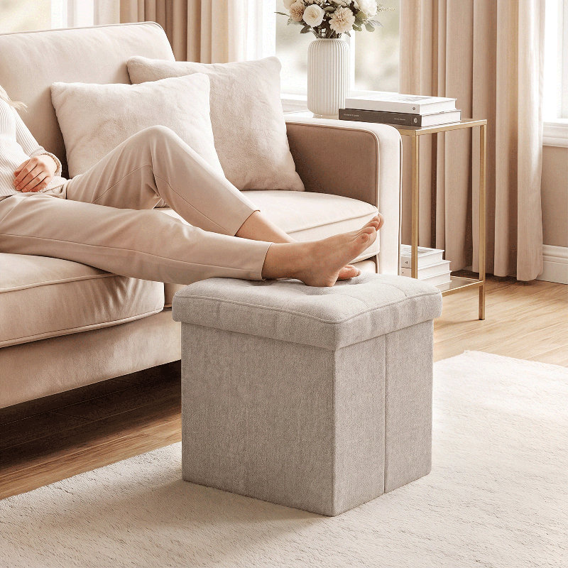 15" Folding Storage Ottoman, Upholstered Tufted Foldable Footstool With Padded Seat For Living Room Bedroom, Tan