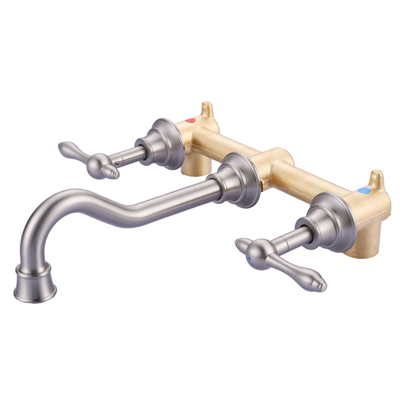 Brass 3 Hole Wall Mounted 8 In. Widespread Double Handle Bathroom Faucet With Brass Value, Stainless Steel
