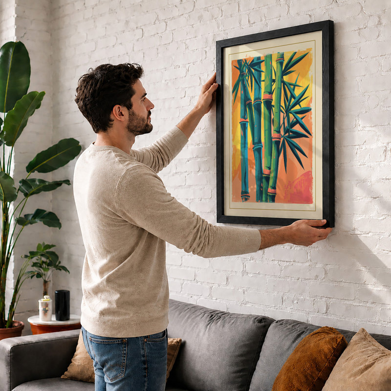 Three Bamboo Stalks Botanical - Framed Print, A2 - 59.4 x 42.0 cm, Black