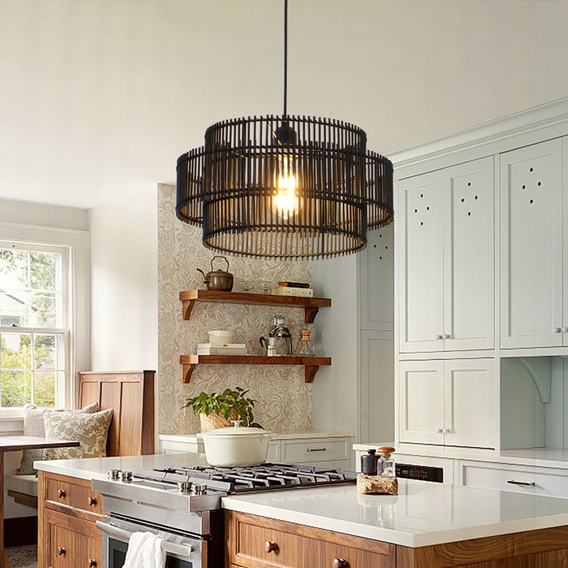 16" 1-Light Black Pendant Light With Natural Bamboo 2-Tier Round Shade, Adjustable Hanging Ceiling Light For Dining Room & Kitchen