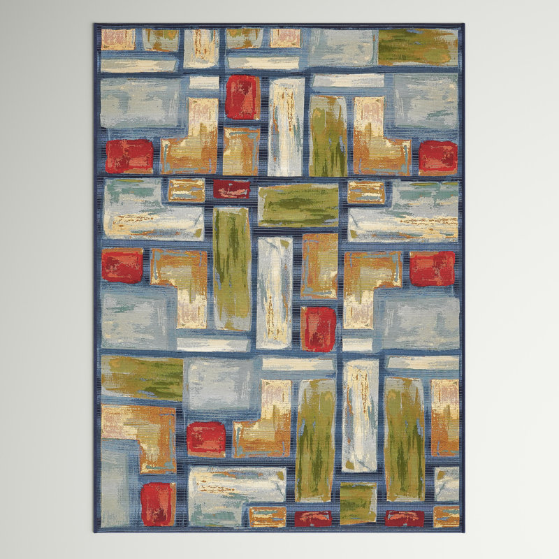 Tapis intérieur / extérieur bleu à motif géométrique Merrimac, Rectangle 2 pi 2 po x 3 pi 1 po
