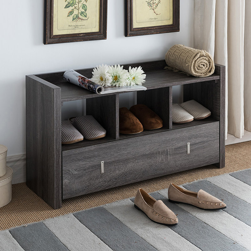 Shoe Entry Bench with Three Shelves, One Drawer with Divided Compartment, Gray