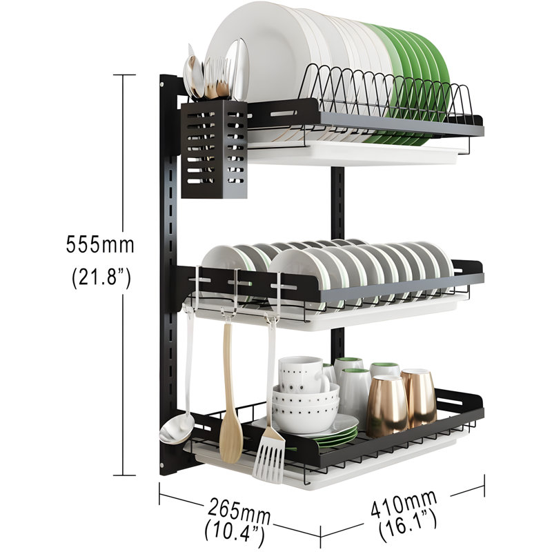 Stainless Steel Wall Mount Dish Drying Rack With Adjustable Height 3-Tier Kitchen Organizer Storage Shelf And Drain Tray