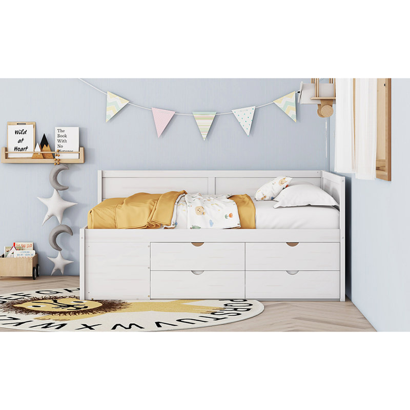 Lit de jour blanc avec tiroirs et tablettes, structure pleine grandeur en bois massif pour une chambre attrayante avec une disposition de tiroir efficace