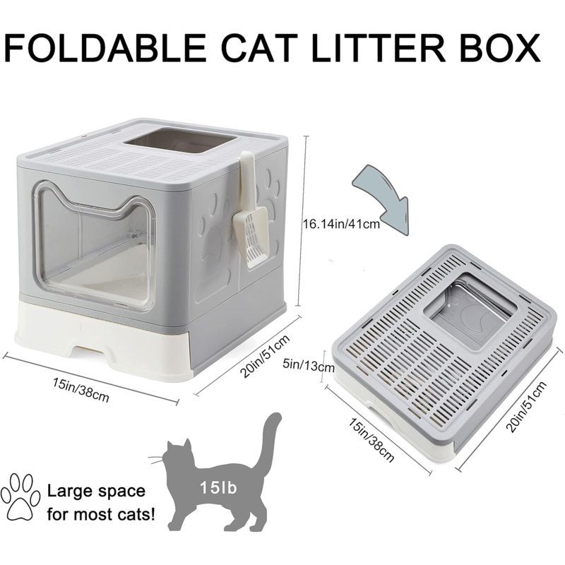 Bac à litière pliable pour chat avec couvercle, grand bac à litière anti-éclaboussures avec pelle à litière, bac à litière pour chat en plastique avec tiroir