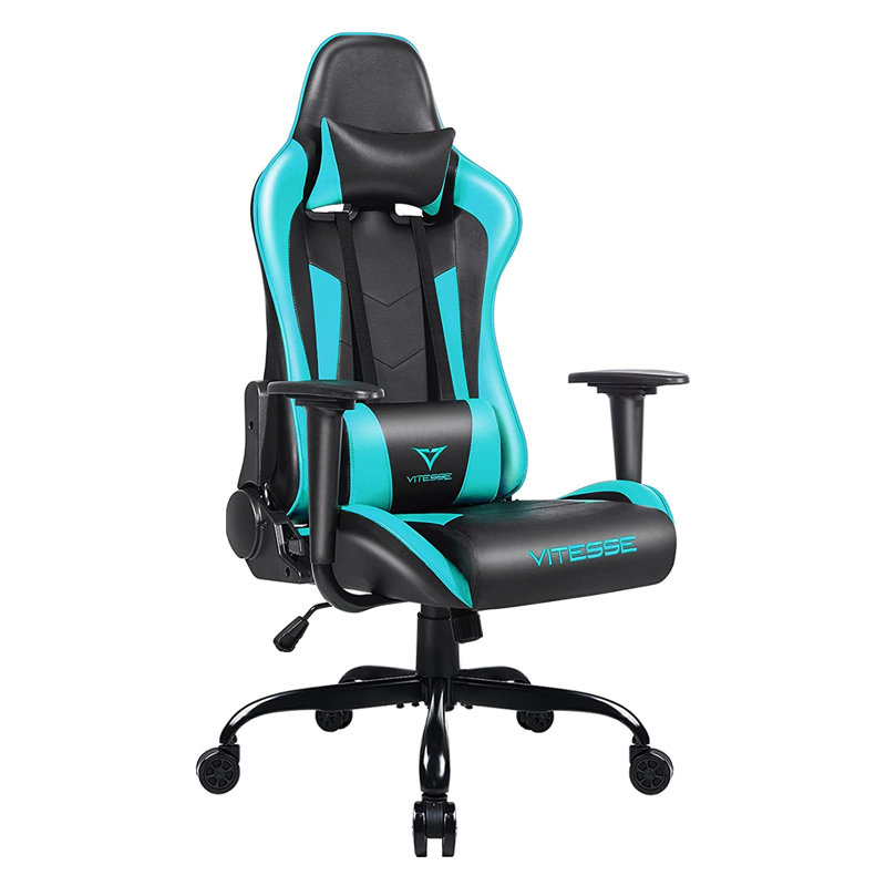 Fauteuil de jeu ergonomique avec support lombaire et appui-tête, Noir/bleu