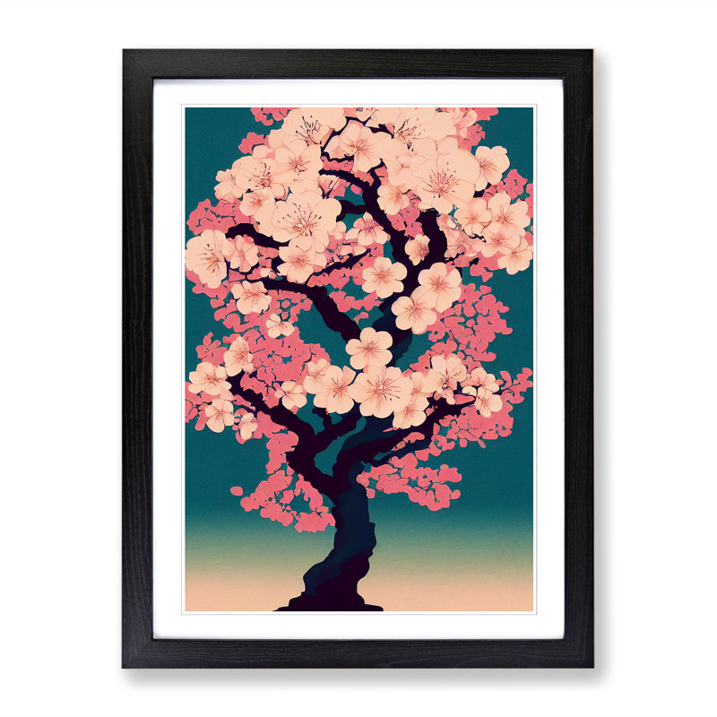 Cherry Blossom Tree Retro 1 Piece Single Picture Frame Wall Art, 34cm H x 25cm W x 2cm D, Black Framed