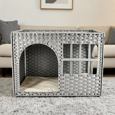 Rectangular Hand-Woven PE Wicker Cat Bed, Semi-Enclosed Breathable Cat Nest with Removable Cushion & Iron Frame, Rustic Pet House for Indoor Cats