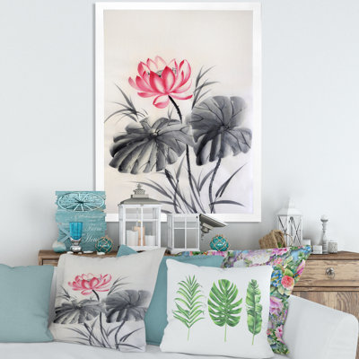 Fleur de lotus avec deux feuilles monochromes - peinture sur toile