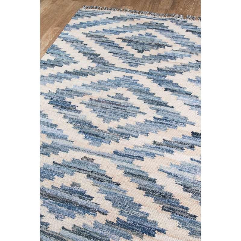 Handmade Blue Geometric Wool and Cotton Area Rug