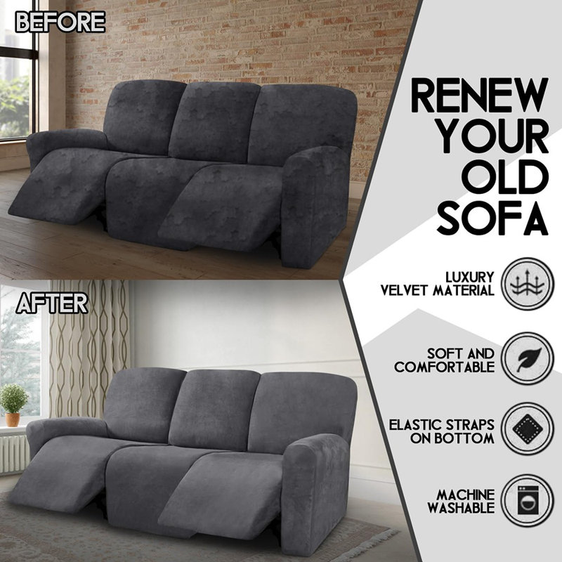 Ensemble de housse de canapé inclinable en velours - gris foncé - housse extensible 8 pièces pour canapés inclinables à 3 coussins, protecteur de meubles épais et lavables