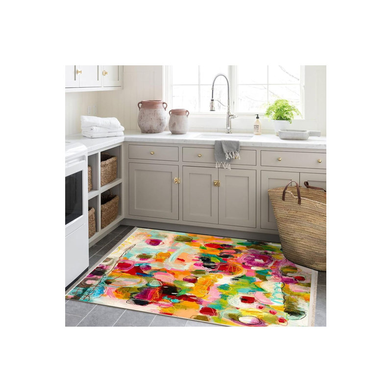 Tapis multicolore à motif abstrait multicolore lavable à la machine, Sous-tapis rectangulaire 4 pi 7 po x 6 pi 7 po inc