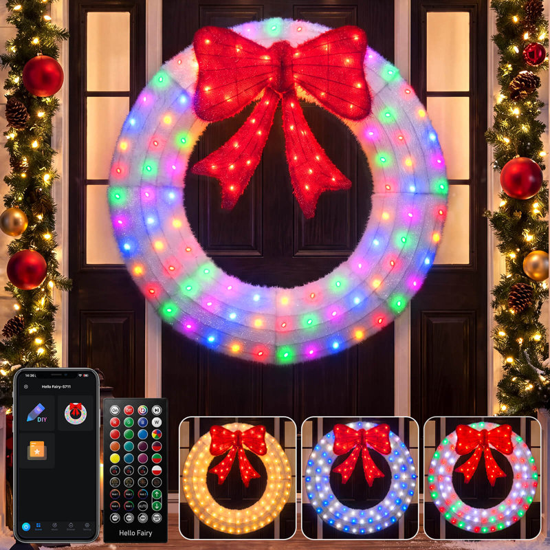 Décoration de Noël 44 po avec guirlande de Noël d'extérieur pré-éclairée et décoration de Noël à DEL chaude / programmable pour la maison
