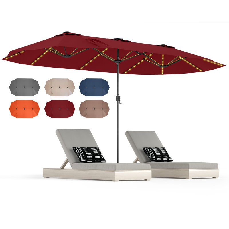 Parasol de terrasse double face 15,5 pi avec lumières solaires extérieures, Red