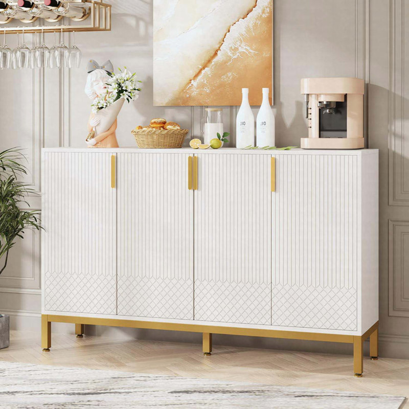 59.74" White & Gold Buffet Sideboard With Geometric Doors, Luxury Storage Cabinet, White
