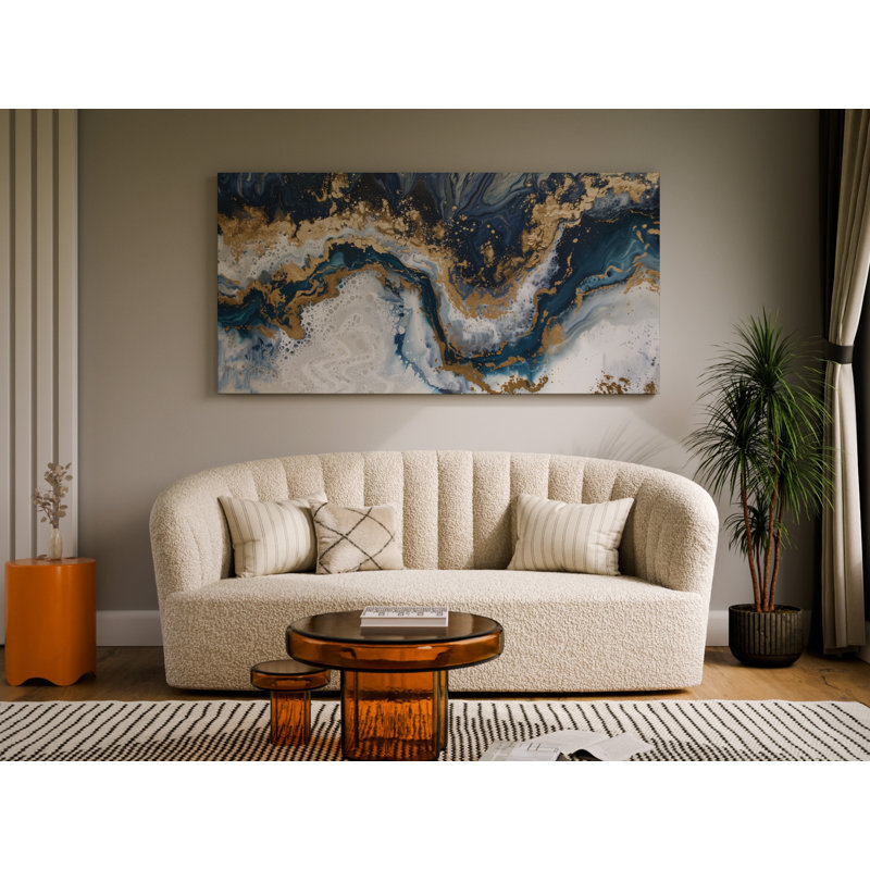 Abstract Geode Wall Art Print or Canvas Gold And Blue Marble Shape, Wrapped Canvas, 30'' H x 60'' W x 1.5'' D