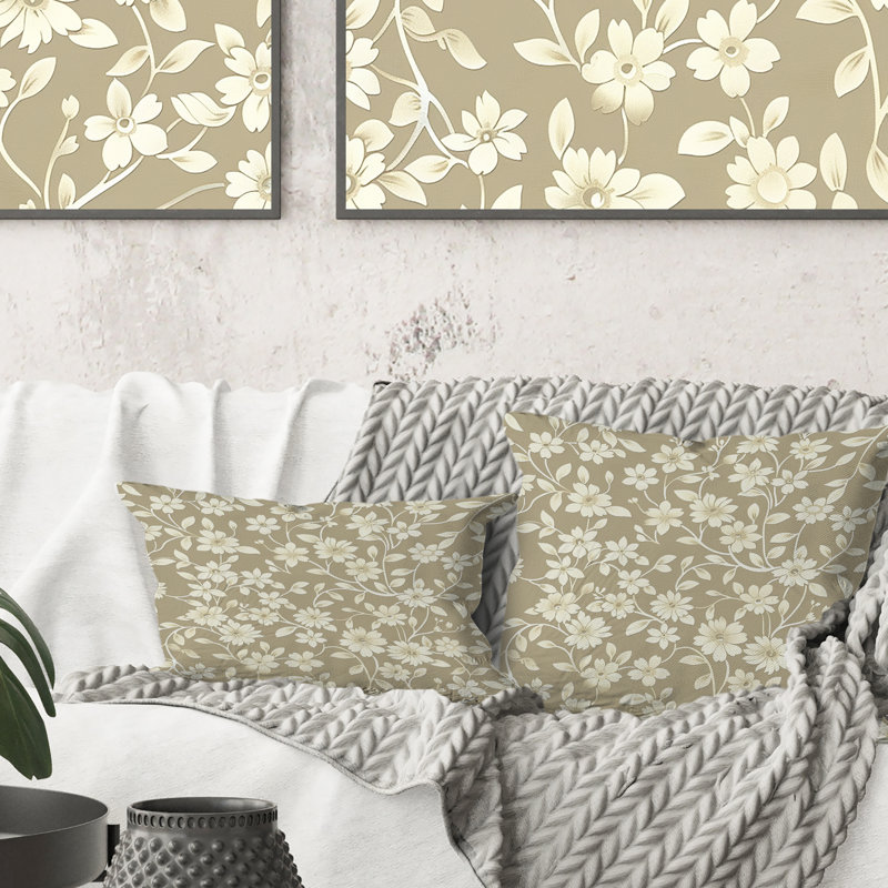 Beige Cream Floral Vines I - Transitional Throw Pillow, 16"H x 16"W
