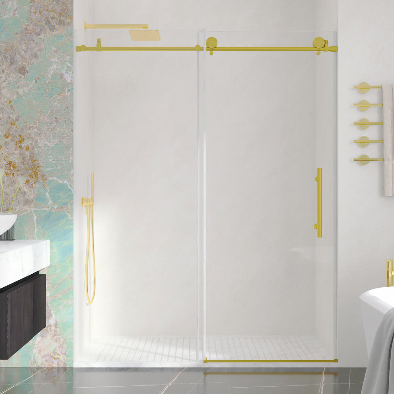 Porte de douche coulissante simple sans cadre l 60 po x H 76 po avec verre trempé transparent de 1/4 po (6 mm), Or brossé