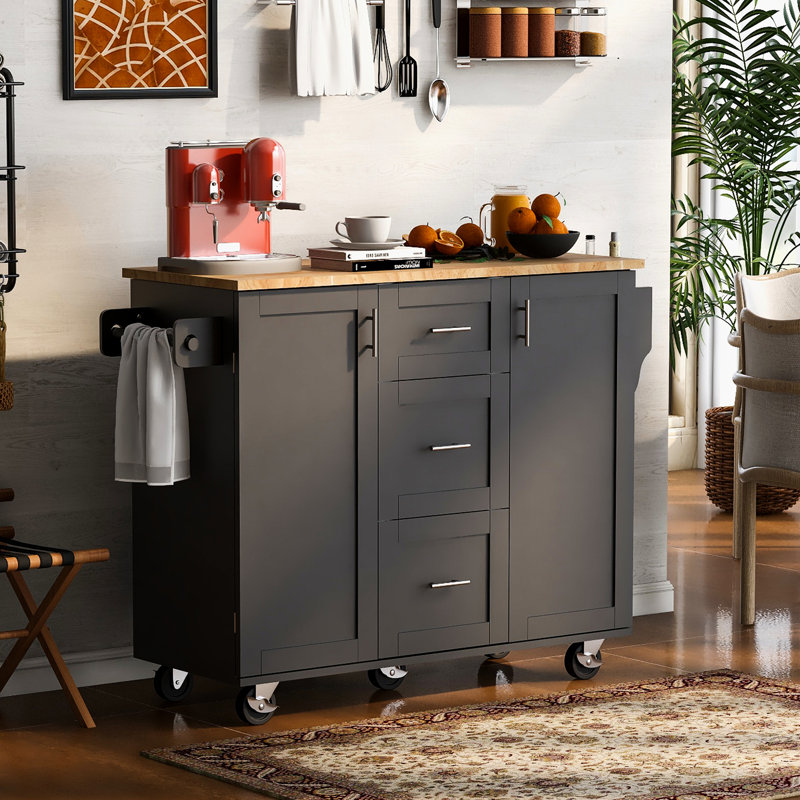 Îlot de cuisine de style européen avec rangement pour tiroir - teinture pour bois en bois d'hévéa organisé et eau, Noir