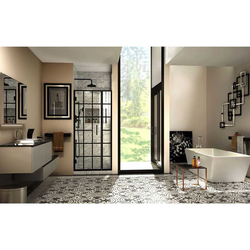 DreamLine Unidoor Toulon 34 - 34.5 inch W x 72 inch H Frameless Hinged Shower Door in Matte Black, 34.5"