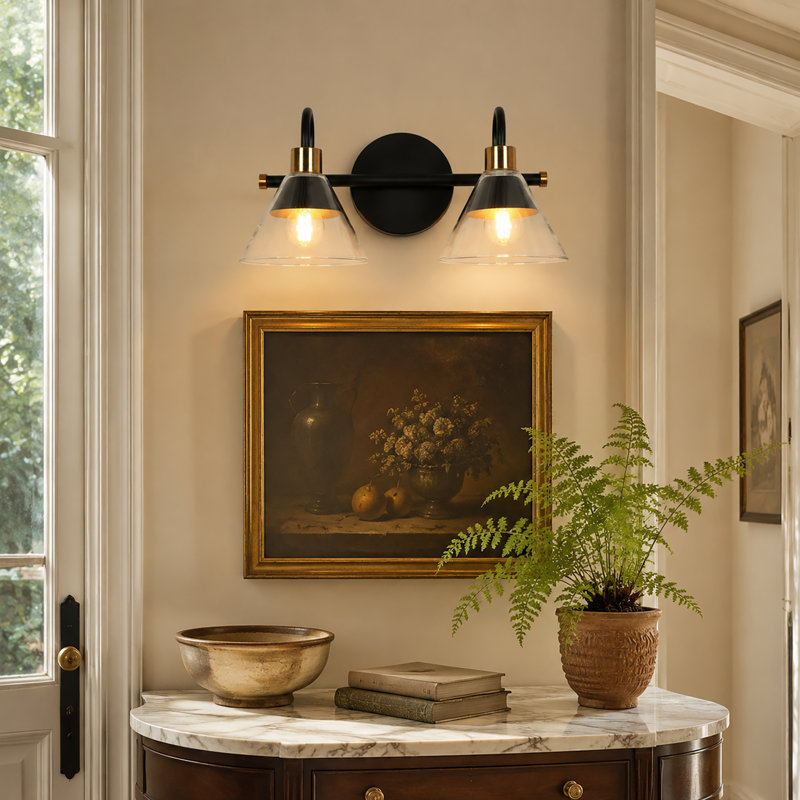 Éclairage de salle de bain contemporain à 2 lumières à intensité variable en verre contemporain noir