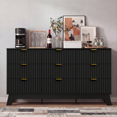 Fluted 9-Drawer Dresser 57''W Wood Wide Chest Of Drawers With Metal Handle, Adjustable Feet