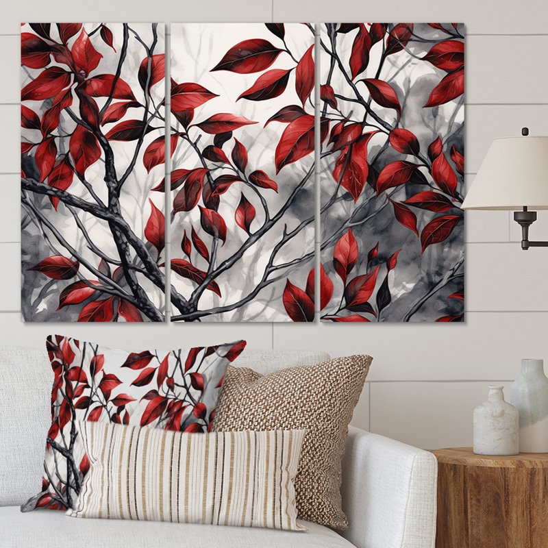 «Red Grey Leaves On Tree VI» sur toile, reproduction de 3 pièces, H 40 po x l 60 po x P 1 po