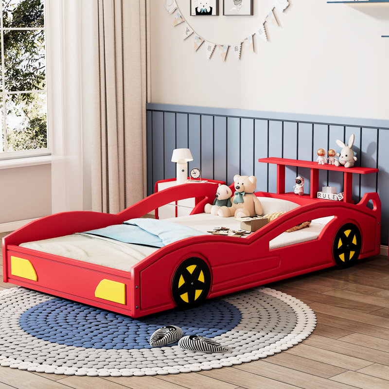 Lit rouge en forme de voiture rouge avec roues jaunes, lit simple pour les adolescents, dispositif de rangement à l'extrémité, protection des rails latéraux, façade à montage unique facile à assembler, rails confortables, poids de 250 lb