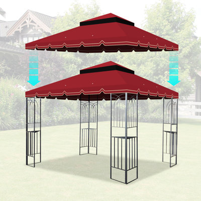 10x10 Ft Patio Gazebo Replacement Roof Top - Red. With Block, Water-. With Drains And Netting Outdoor Canopy Quality Fabric. Guard, Water Repel. Double Tiered & Net