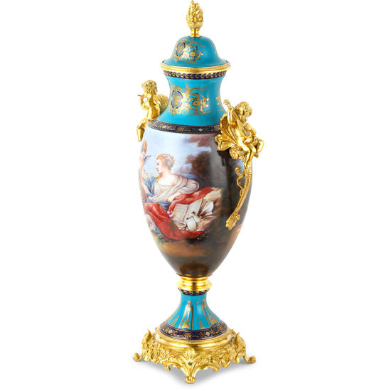 Elegant and Decorative 28 Inch Louis XV Jar with Porcelain & Bronze Cherub Handles for Home Decor
