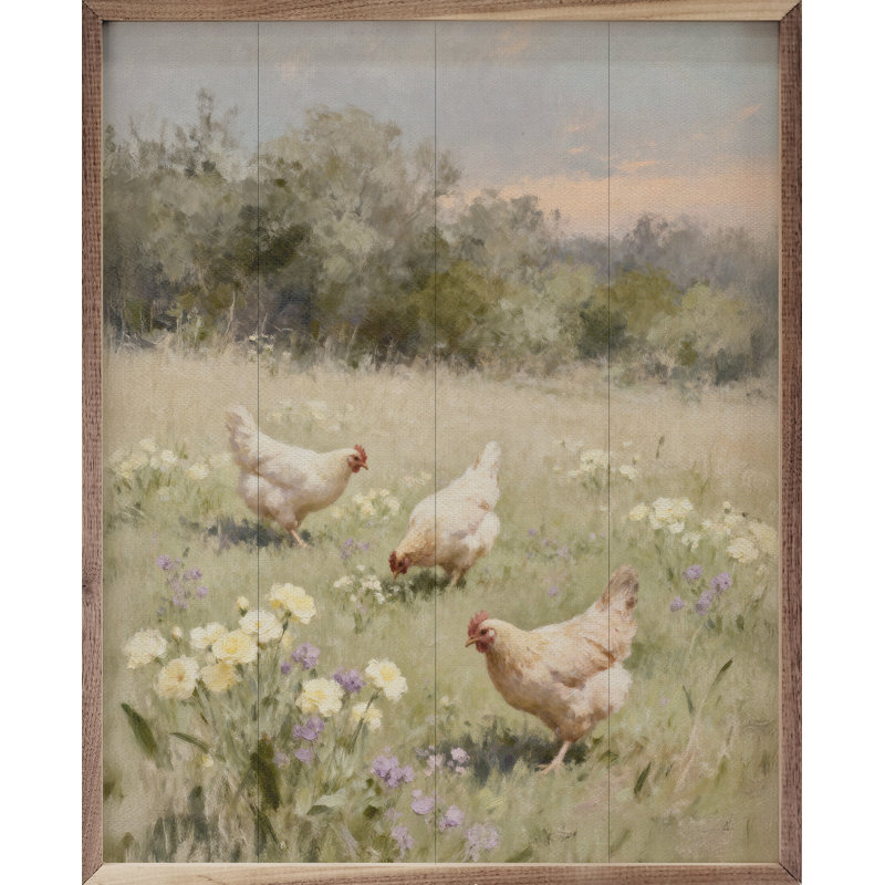 Chickens Playing In Pasture, H 10 po x l 8 po