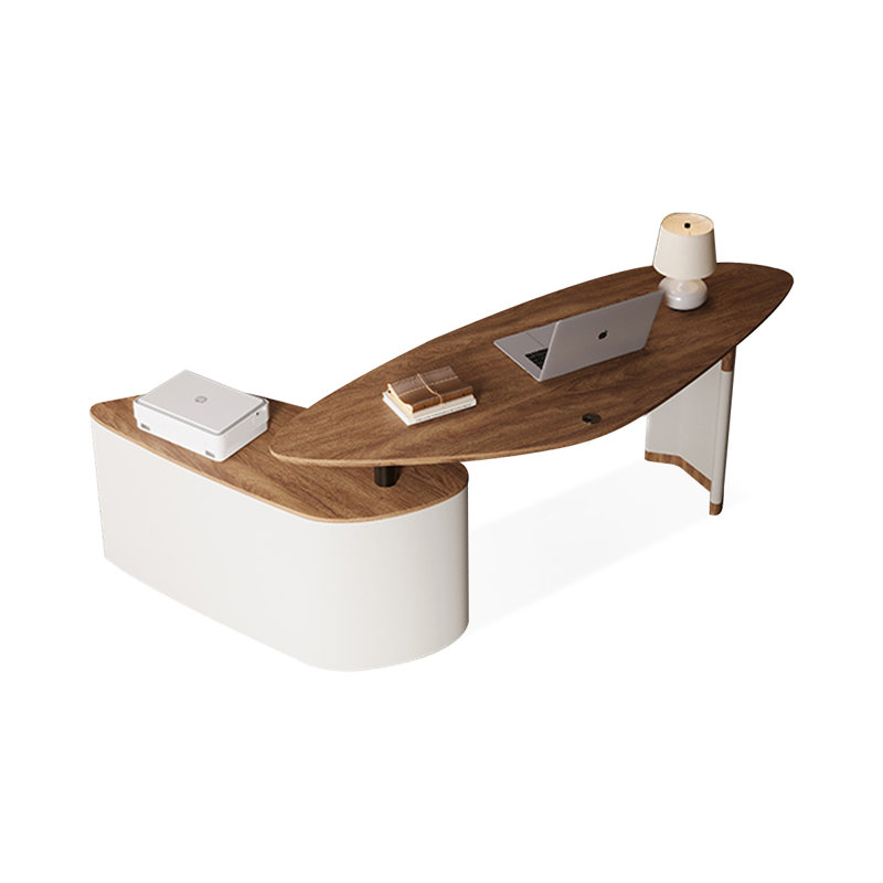 Brown+White Free Form Manufactured Wood+Barenia with 2 drawers desk, 29.53" H x 62.99" W x 47.24" D