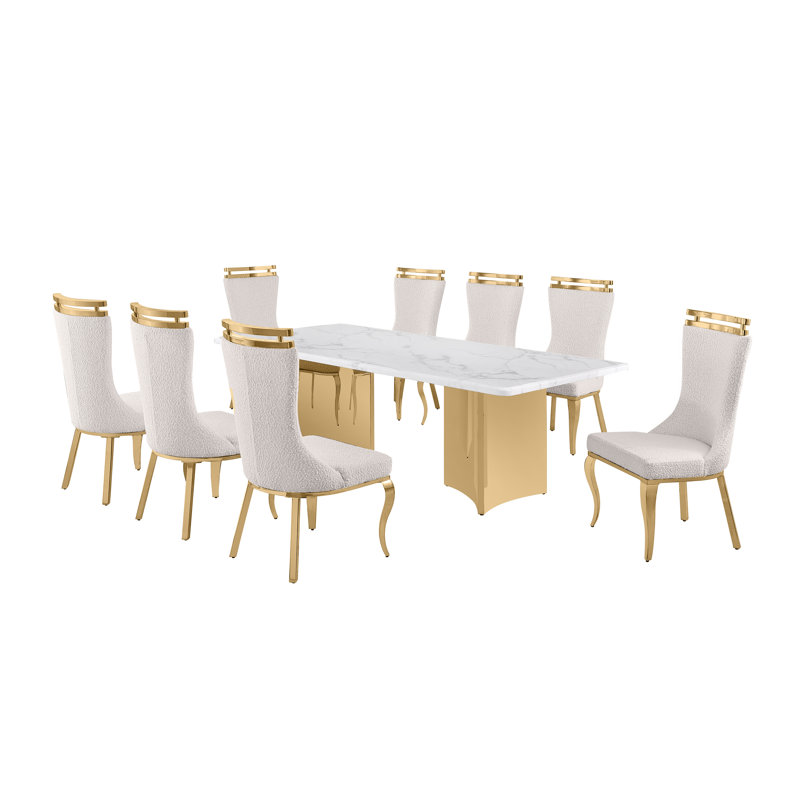 Ensemble de salle à manger en marbre blanc Grand avec chaises d'appoint en tissu Boucle, Crème, Doré