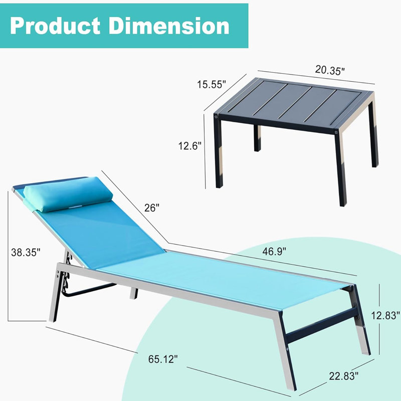 Outdoor Chaise Lounge - 2 Aluminum Adjustable Chairs With And In Lake Blue, 1 Side Table For Poolside Sunbathing Blue Patio 3 Pieces Sun Comfort (2 Loungers +