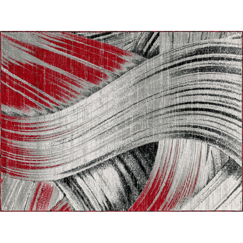 Tapis gris / rouge à motif abstrait, Rectangle 8 pi x 11 pi