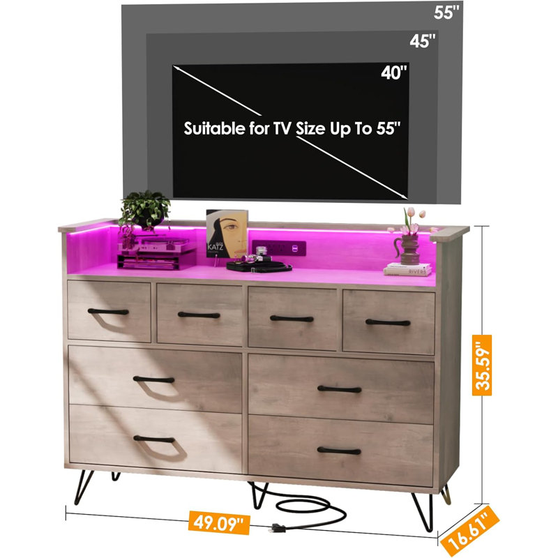 Commode 8 tiroirs avec lumière DEL et station de charge, Noir, noir, noir, noir, Gris