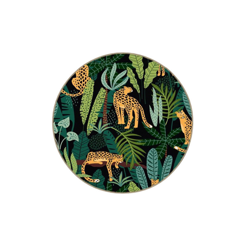 Black And Green Themed Leopard And Tree Patterned Modern Decorative Carpet, Round 4'
