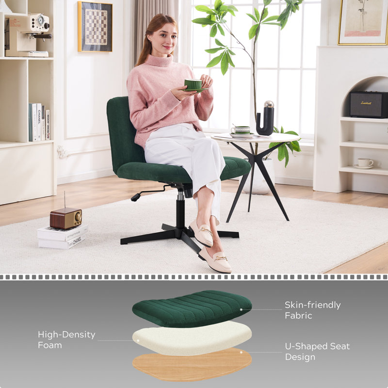 Criss Cross Leg Armless Task Office Desk Chair With No Wheels, Dark Green, Corduroy