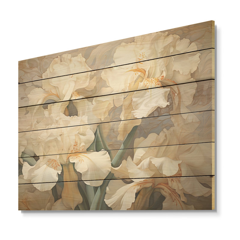 Beige, minimalisme, iris, pétales rayonnants - iris, art mural sur bois de pin naturel, H 30 po x l 40 po