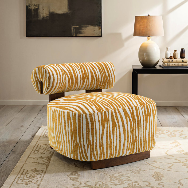 Fauteuil d'appoint jaune, contemporain, en chenille à rayures zébrées, à ressorts et mousse haute densité, silhouette sculpturale pour le salon.