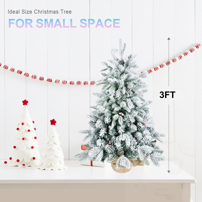 Arbre de Noël de table floqué 3 pi avec base en ciment en toile de jute