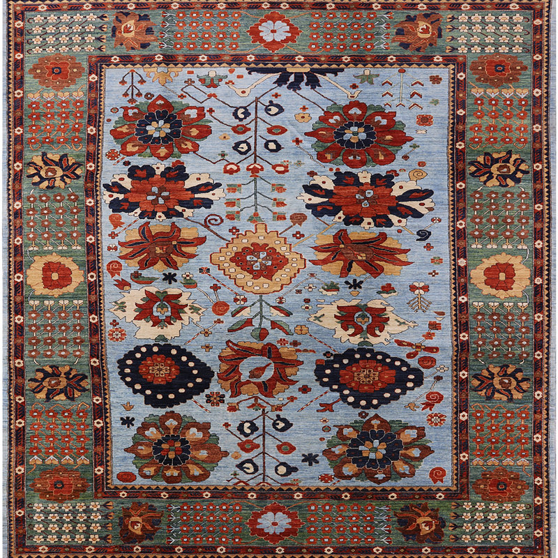 Tapis oriental rouge et bleu, Carré 8 pi