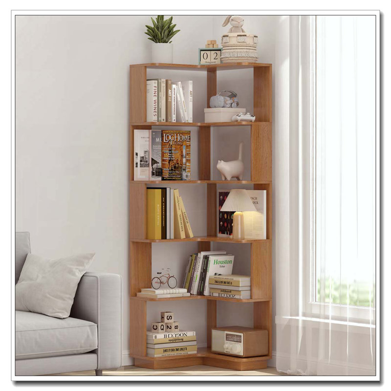 Bibliothèque de coin en L à 6 niveaux pour salon, Chêne foncé